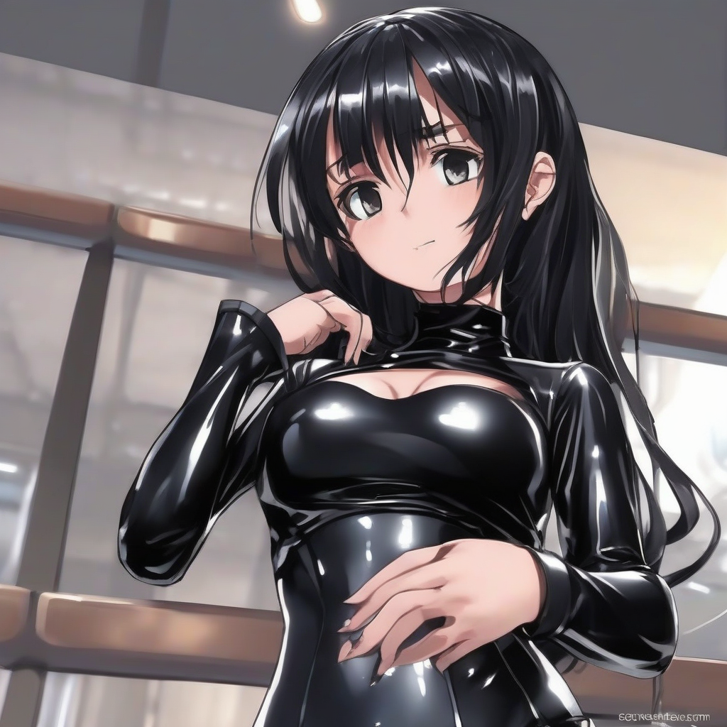 black shiny tight outfit anime style girl