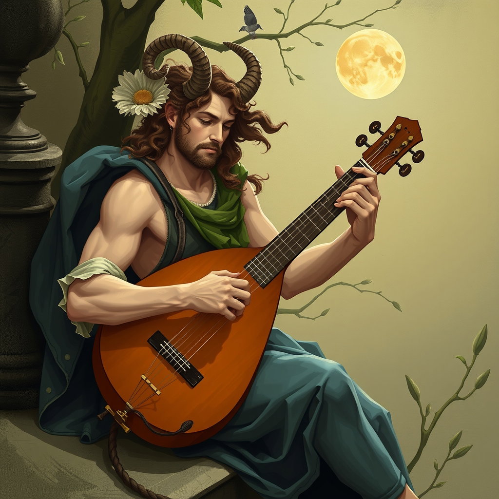 a satyr plays music on a lute