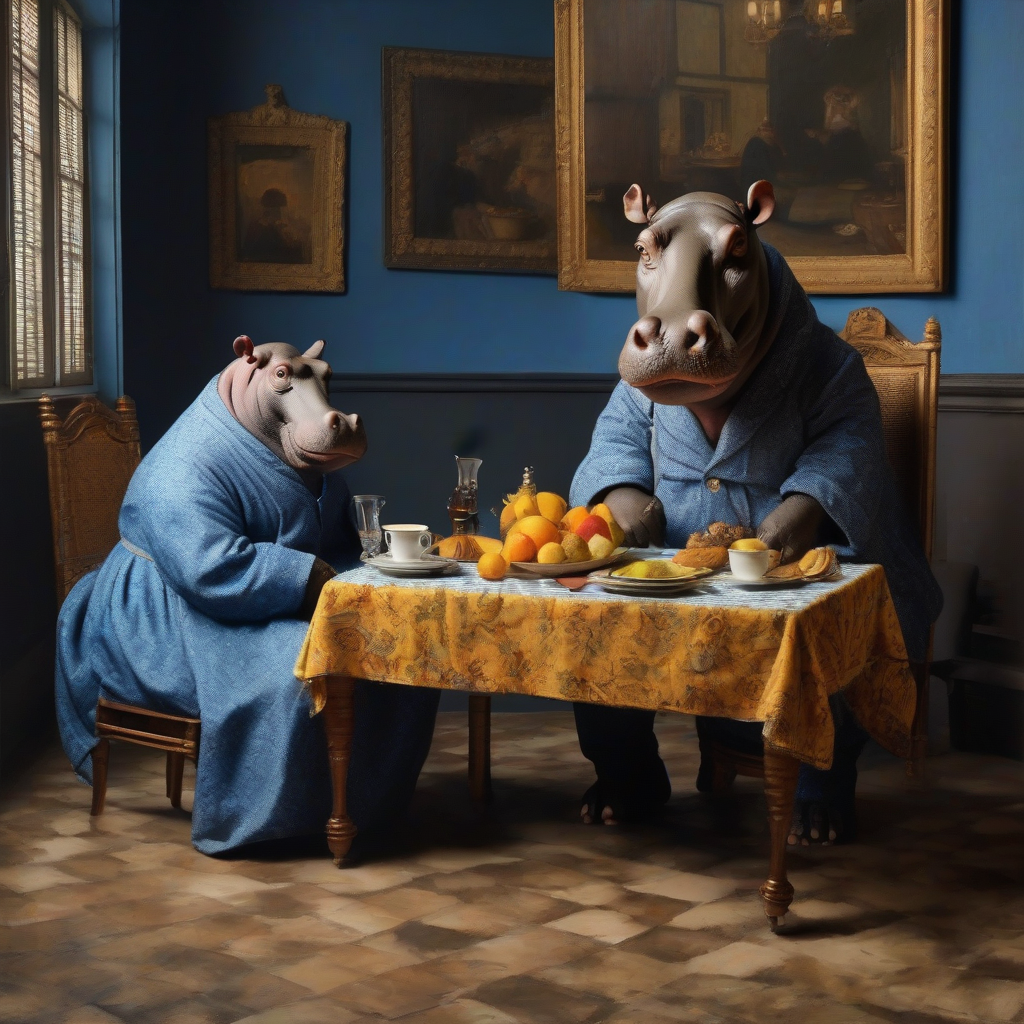 nilpferd sitzt am gedeckten tisch im vermeer stil