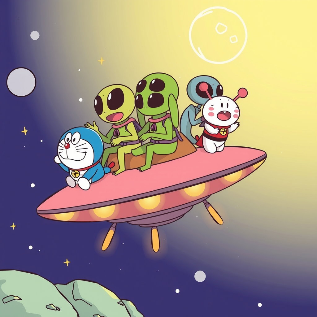 aliens riding ufo with doraemon and anpanman