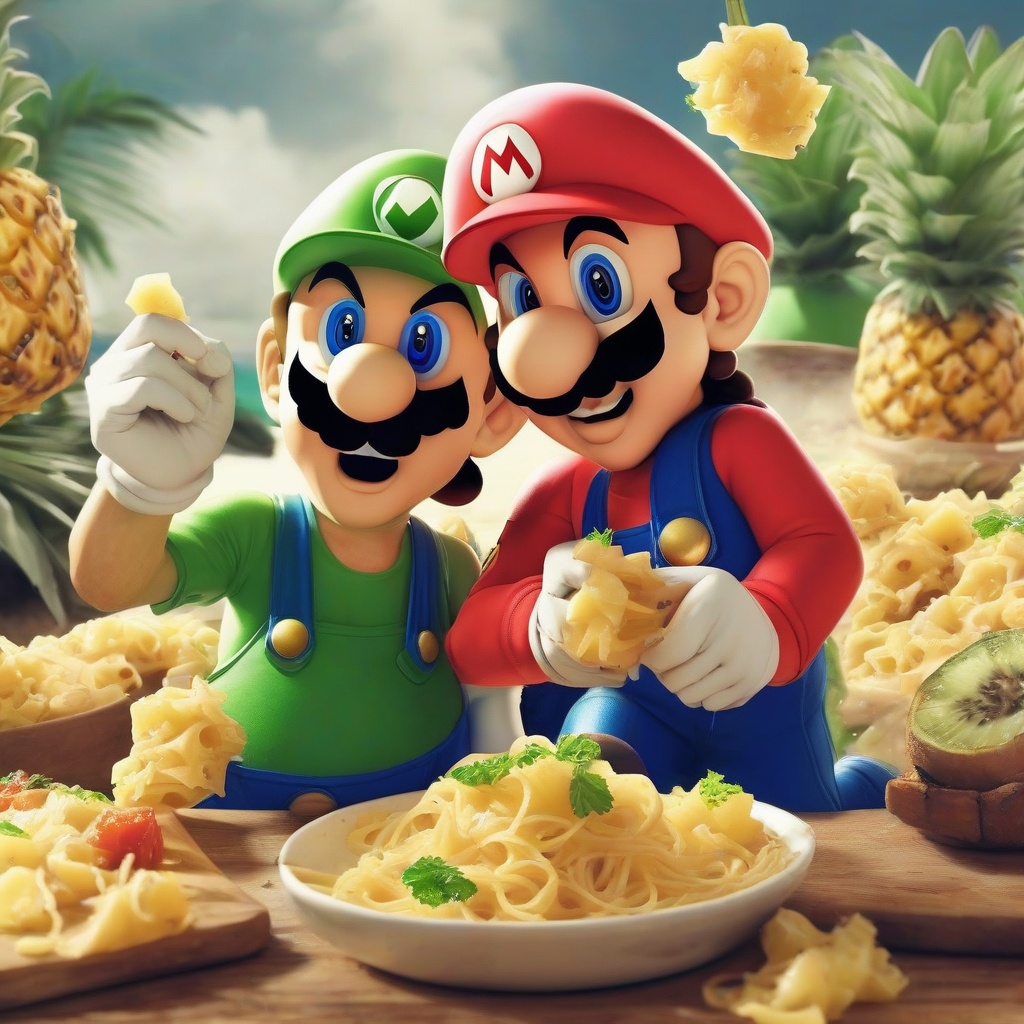 mario and luigi eating pasta with pineapple