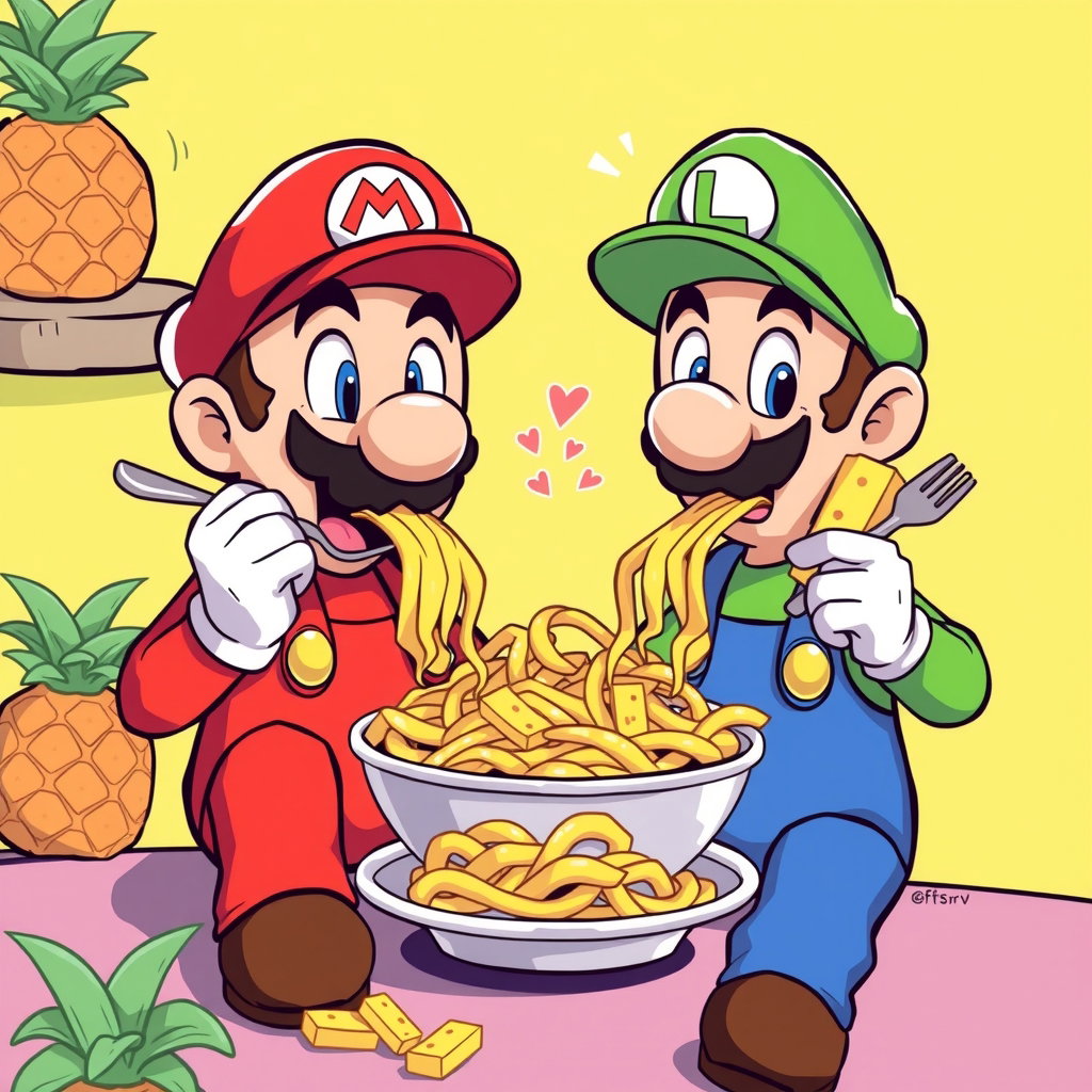 mario and luigi eating pasta with pineapple
