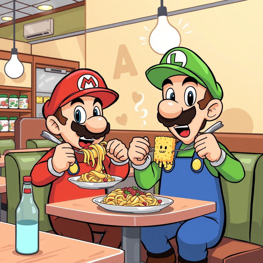 mario and luigi eating pasta with pineapple