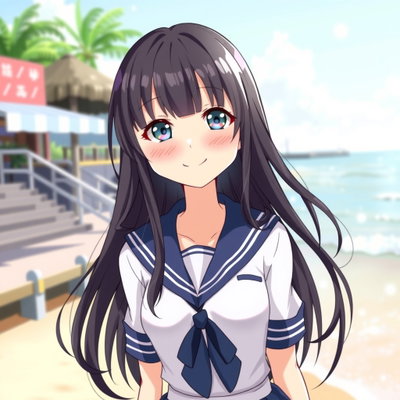 odd eyes wearing a sailor uniform on a beach in