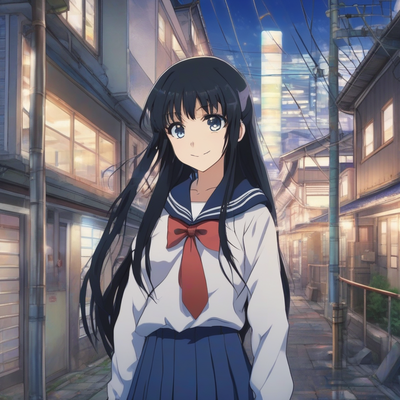 black hair in sailor uniform smiling in amami oshima evening