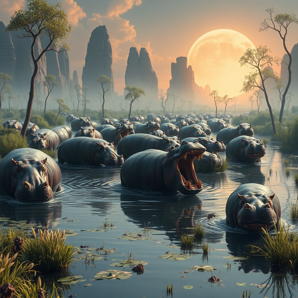 a herd of hippos in futuristic swamp