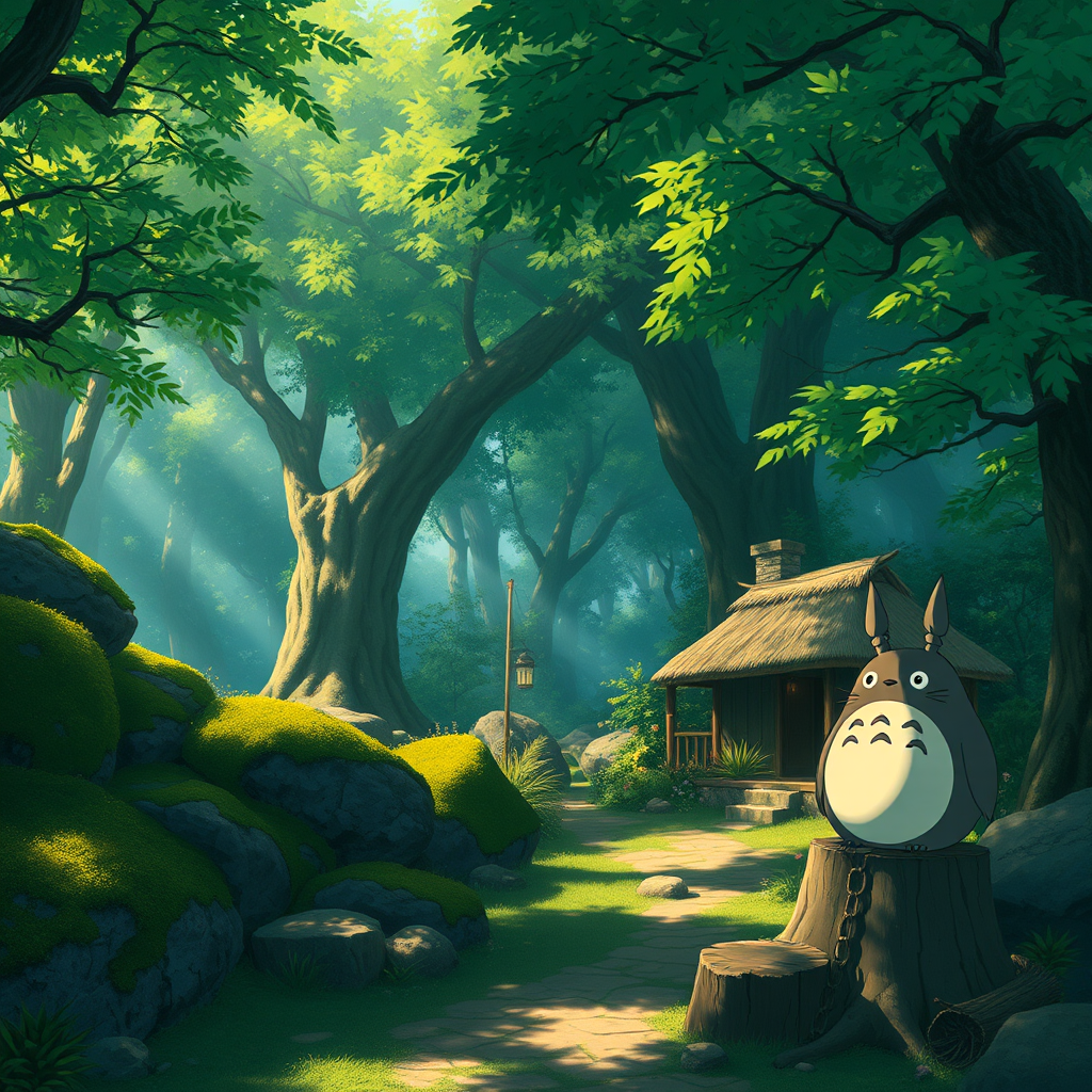 ghibli style forest cottage tranquility totoro