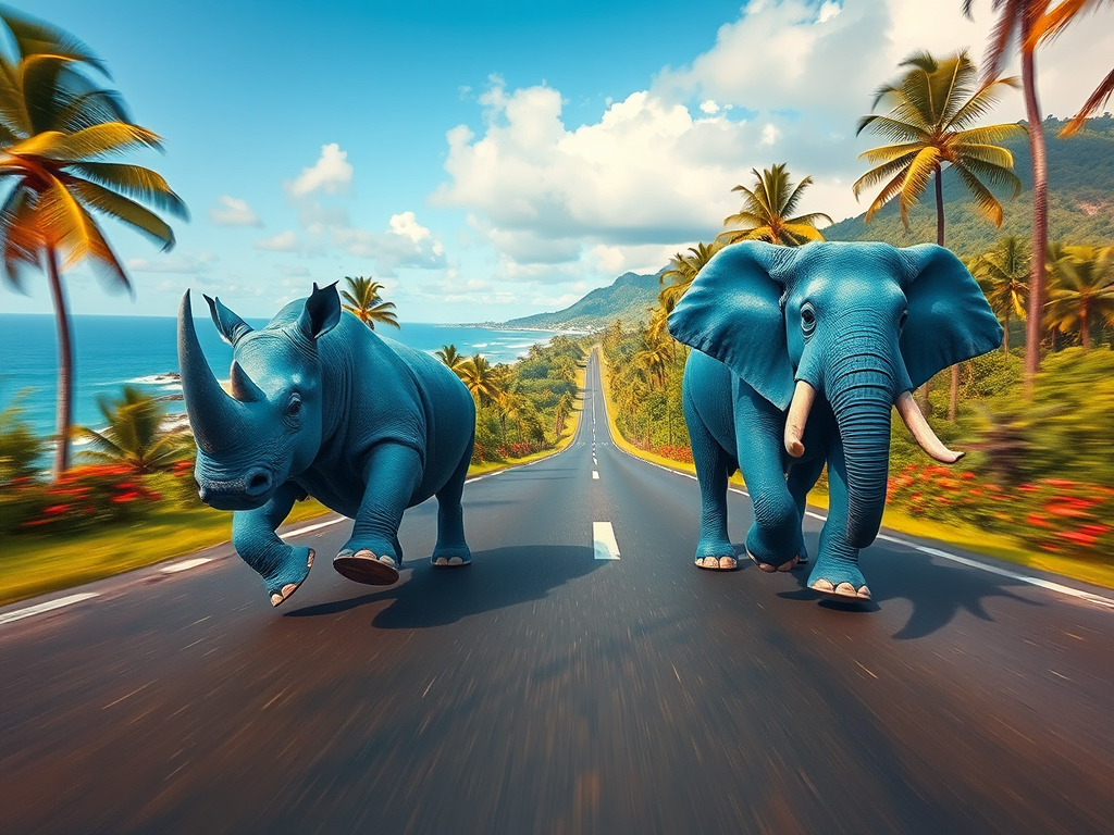 blue rhinoceros elephant racing tropical