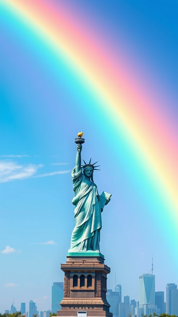 photorealistic statue of liberty vibrant blue sky rainbow