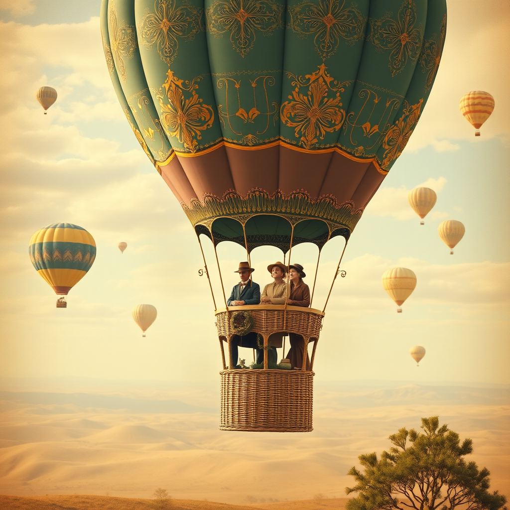 large ornate hot air balloon with people