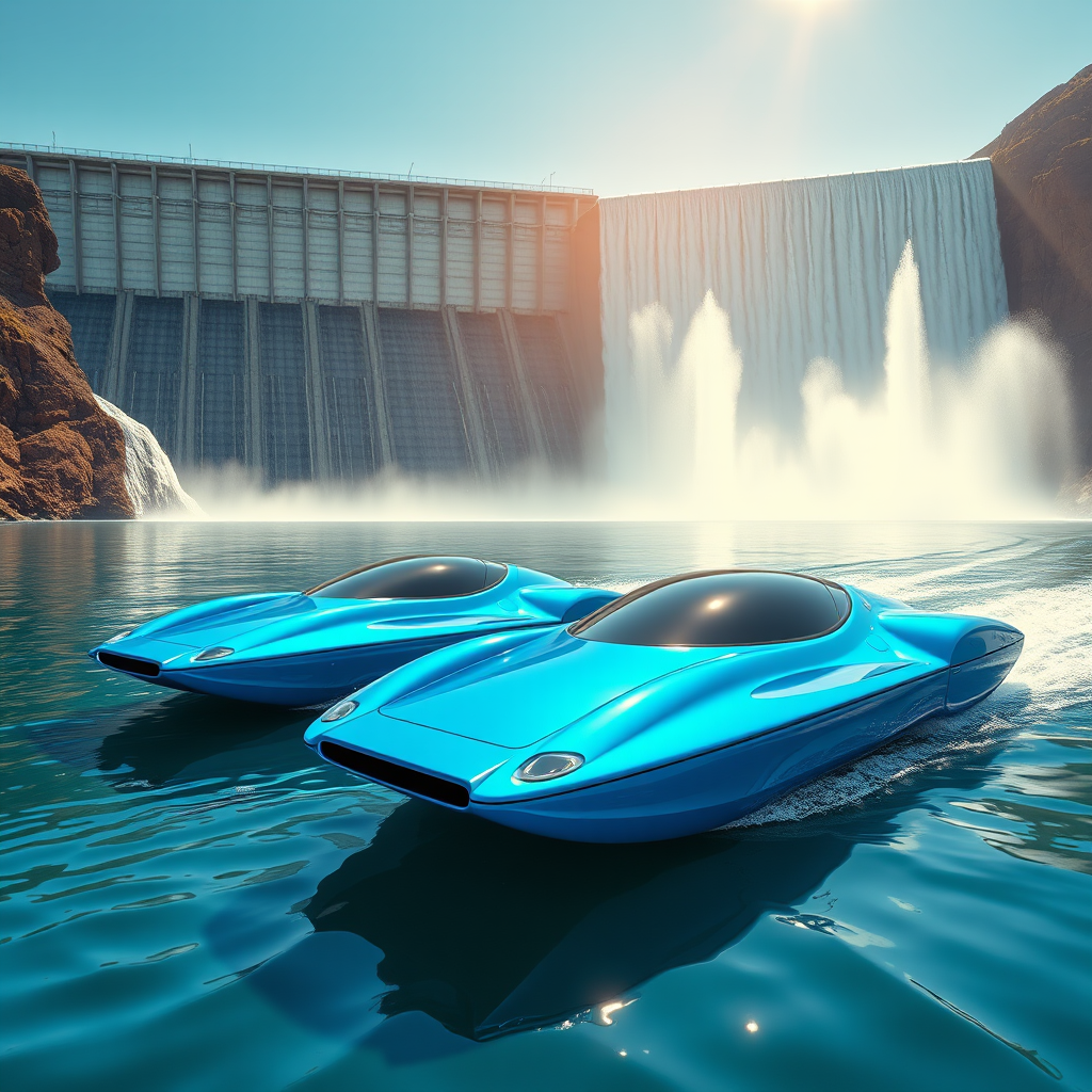 photorealistic cerulean blue amphibious solar cars racing