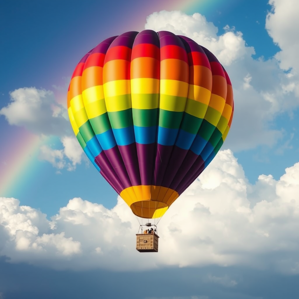 photorealistic rainbow hot air balloon vibrant colors