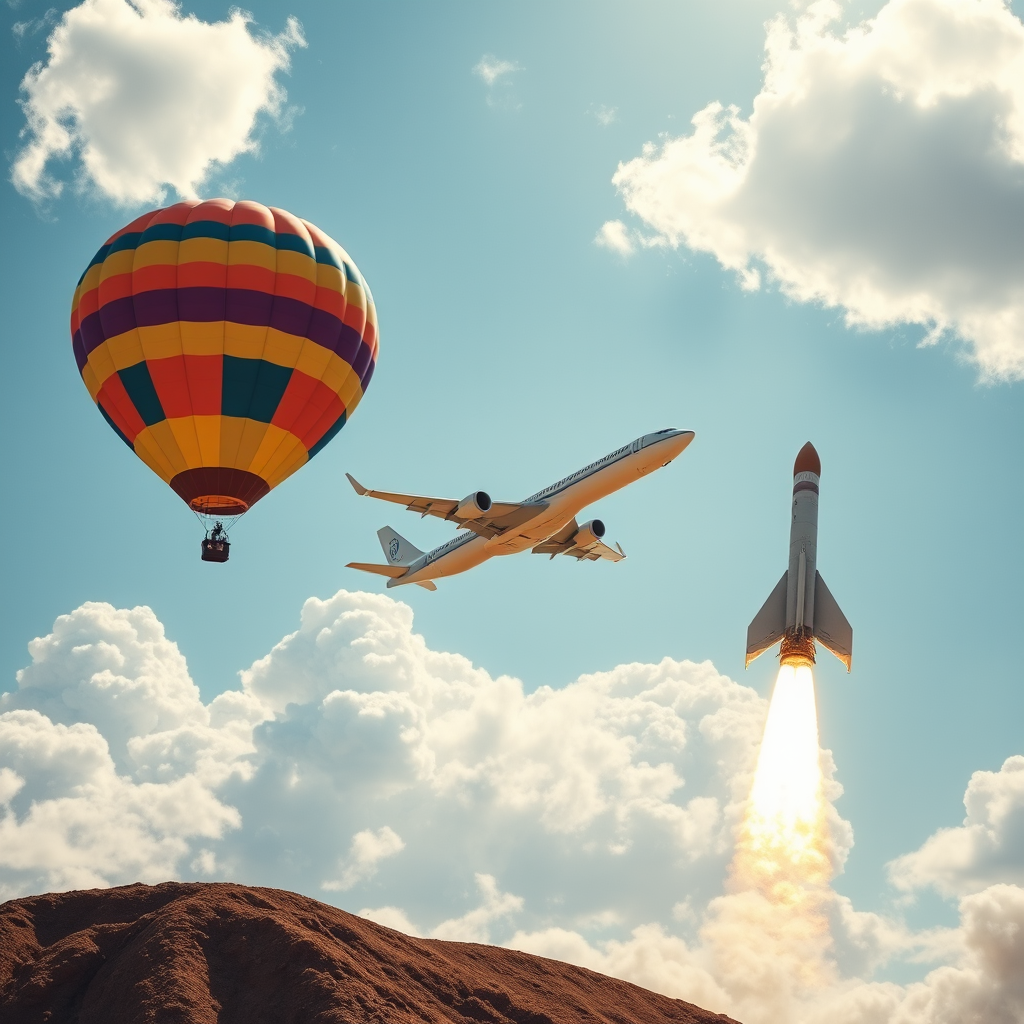 photorealistic vibrant hot air balloon sleek jet rocket launch