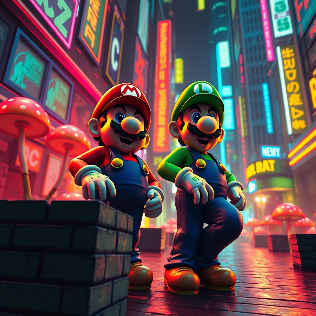 retro futurism mario luigi neon cyberpunk