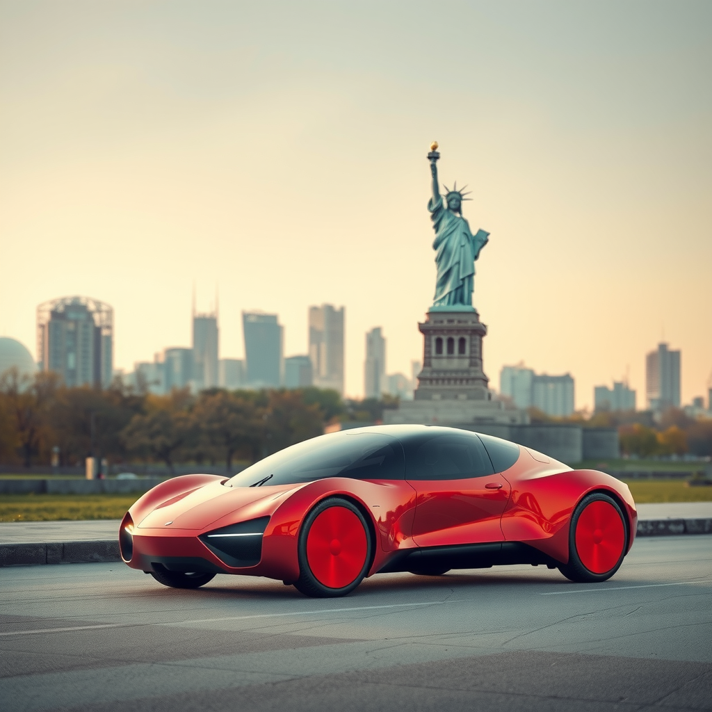 photorealistic metallic red spaceship solar car