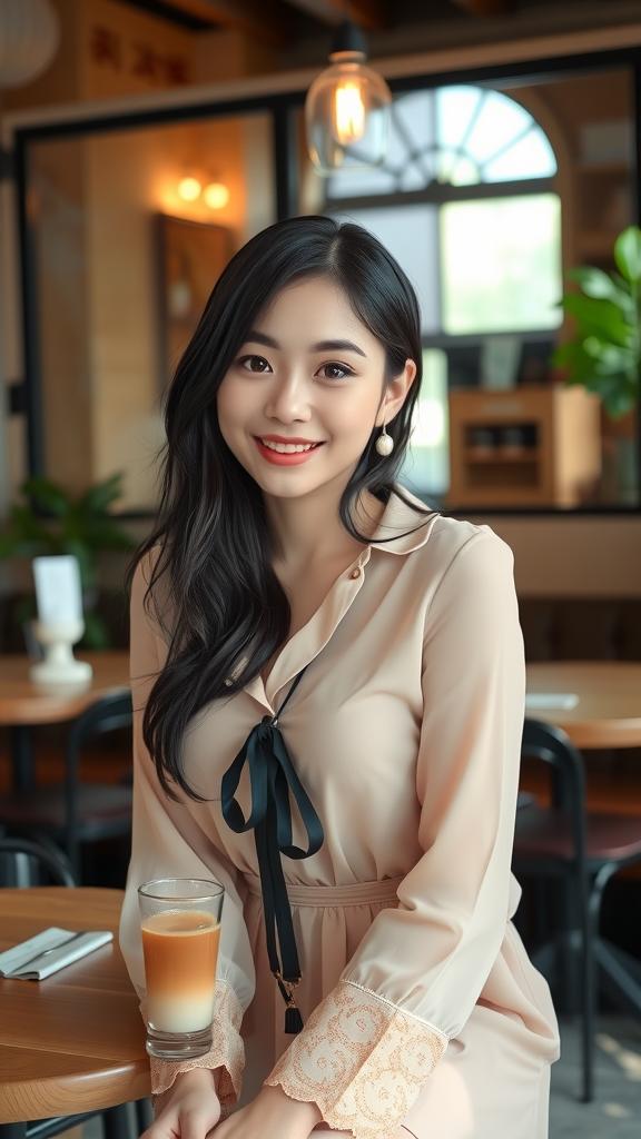 photorealistic portrait japanese woman snoopy cafe