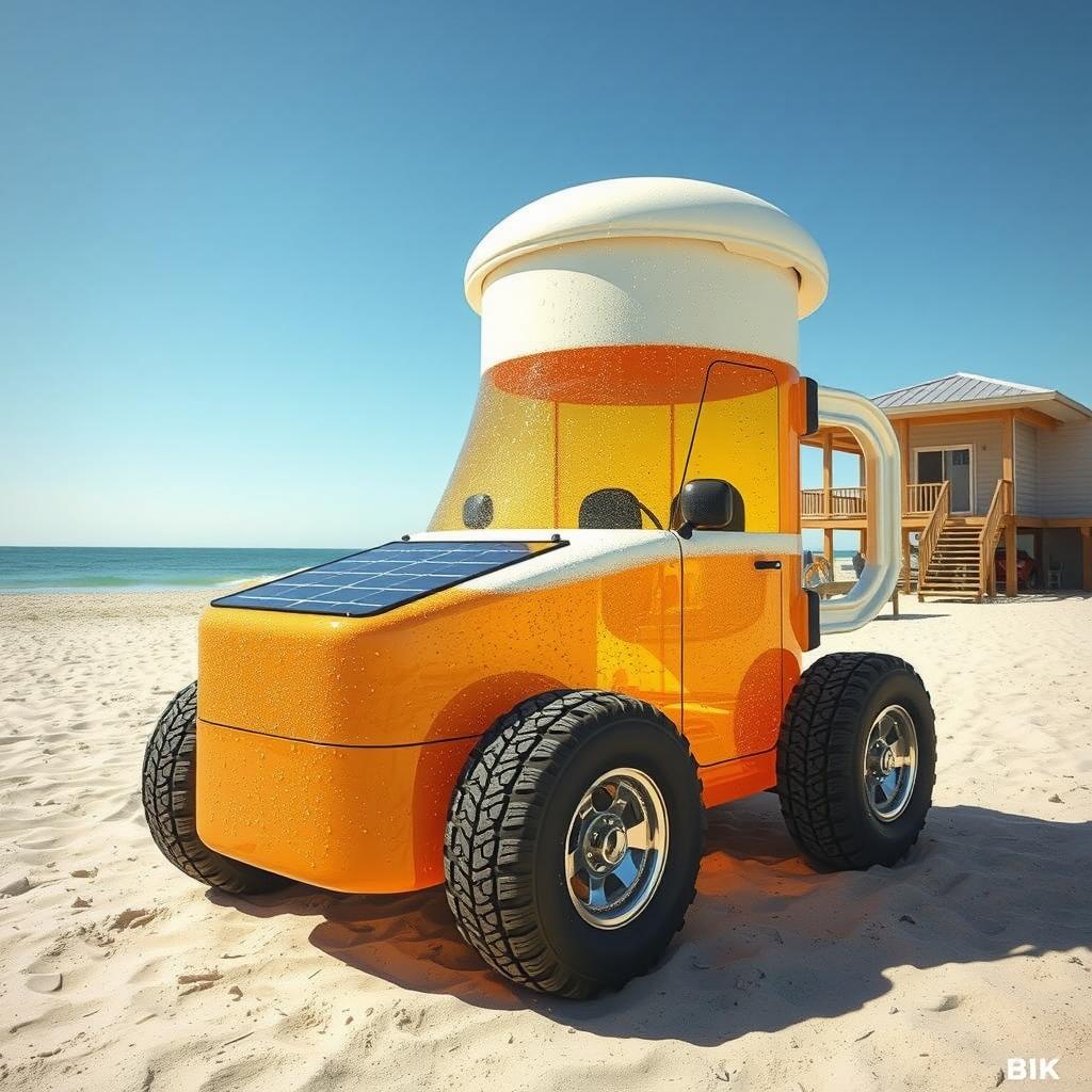 solar powered beer mug car on beach