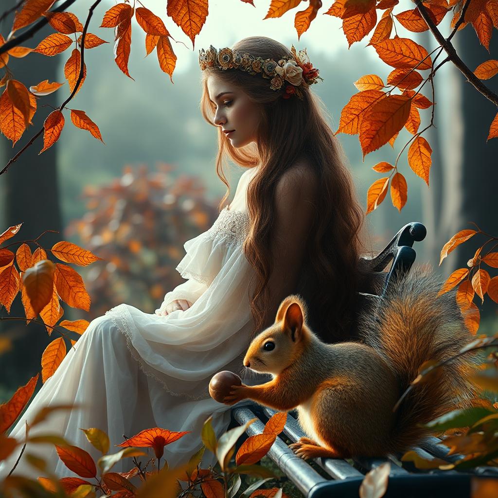 fantasy woman autumn leaves garden squirrel hazelnut