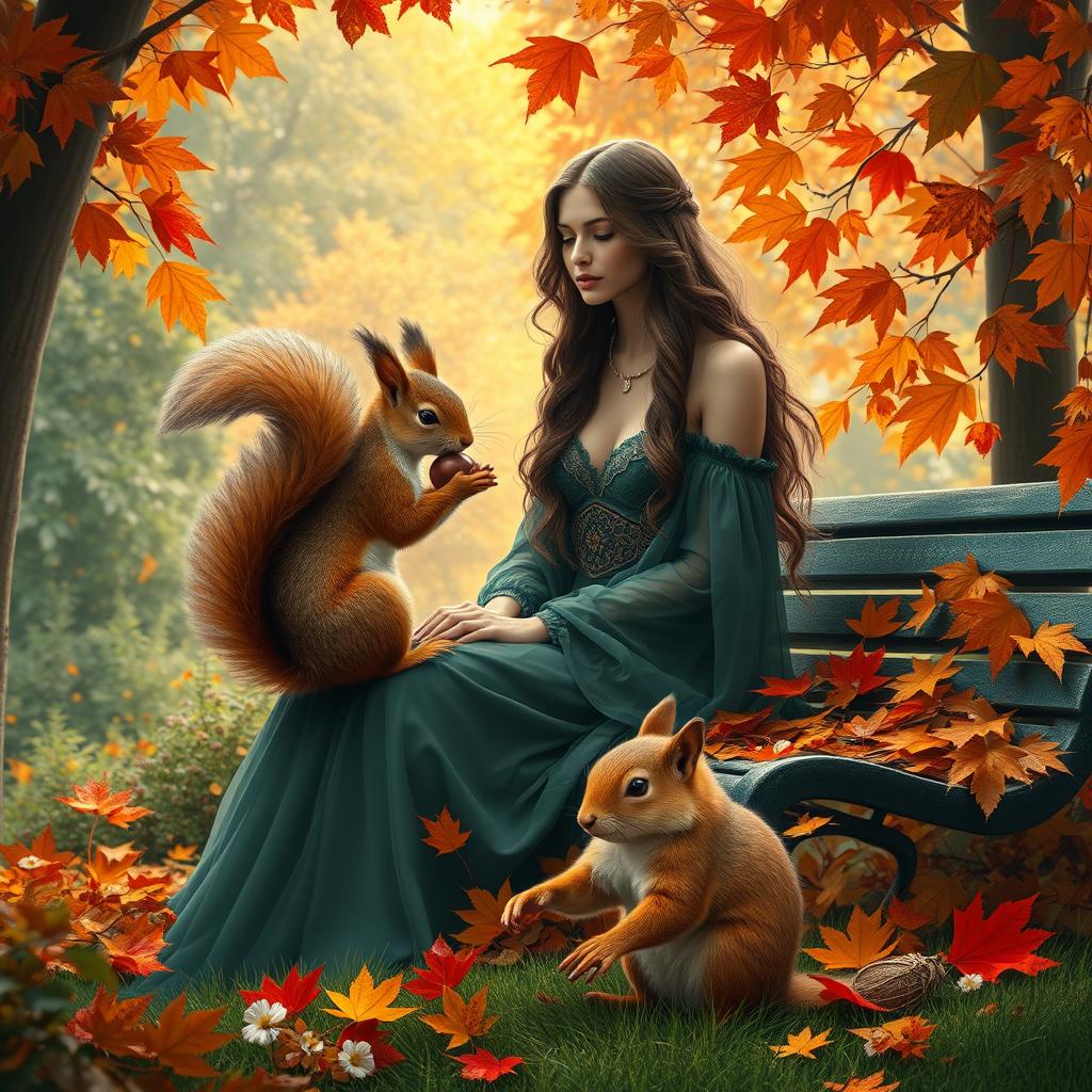 fantasy woman autumn leaves garden sitting bench