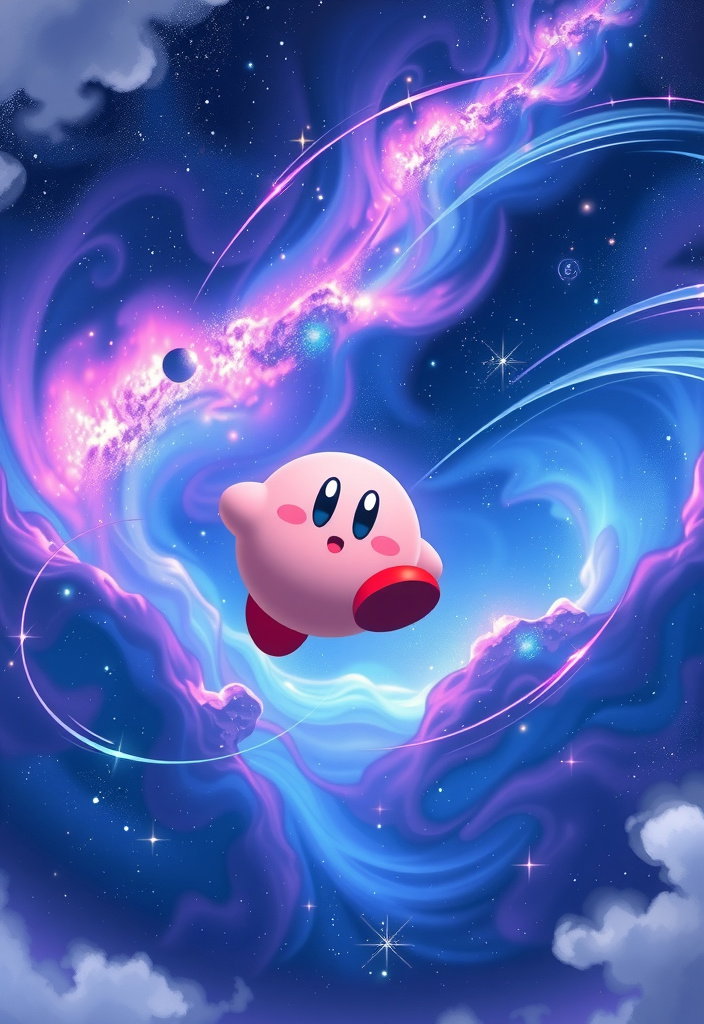 kirby soaring through nebulae night sky