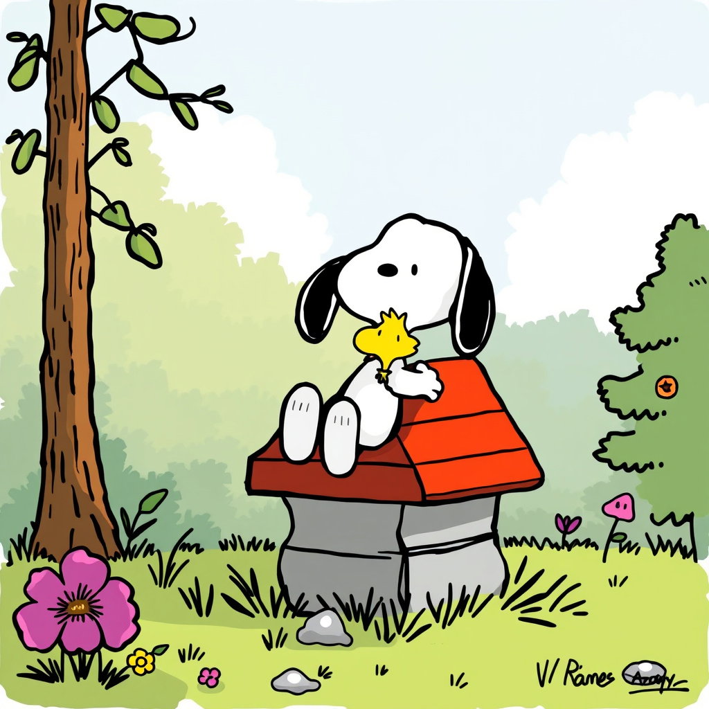 snoopy sitting on doghouse with woodstock