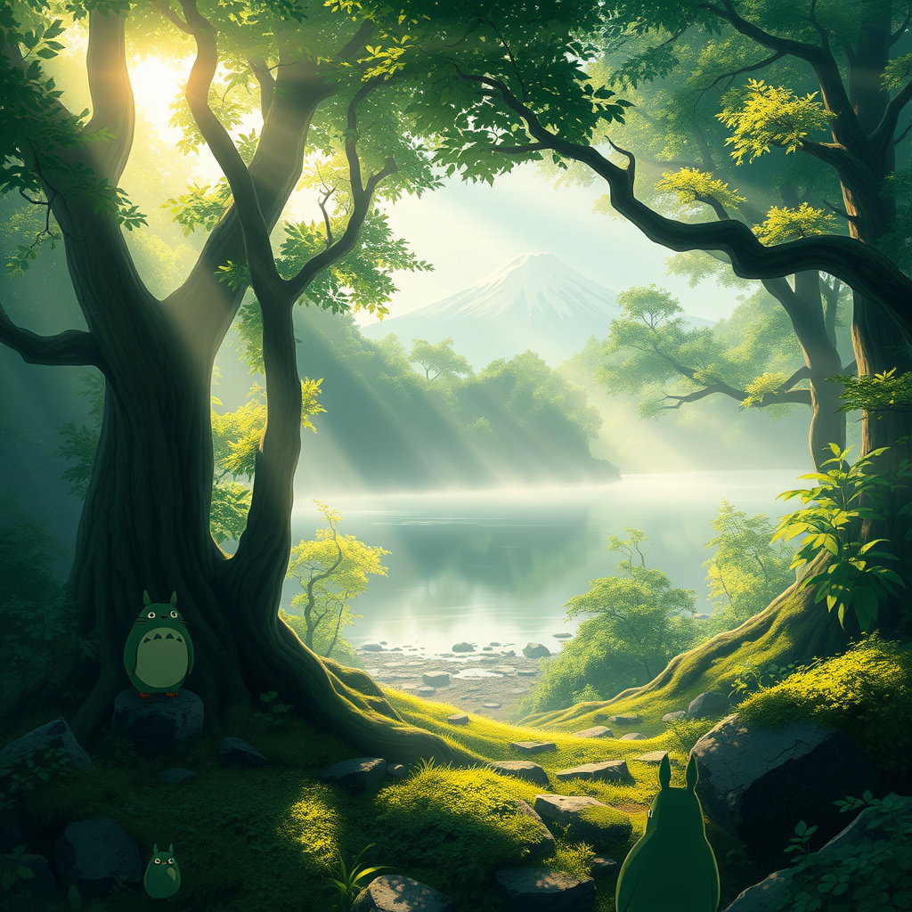 ghibli anime ancient totoro forest misty lake