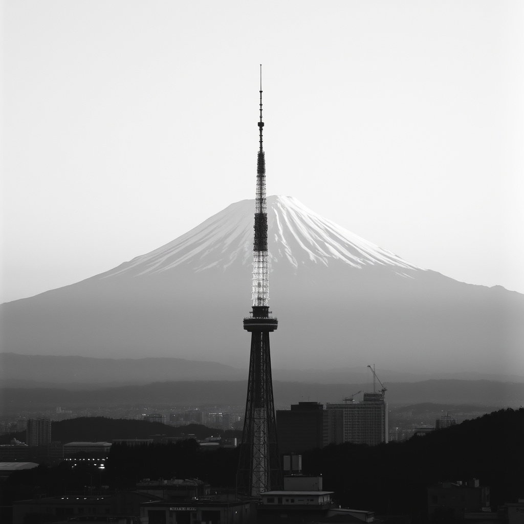 mount fuji tokyo tower monochrome