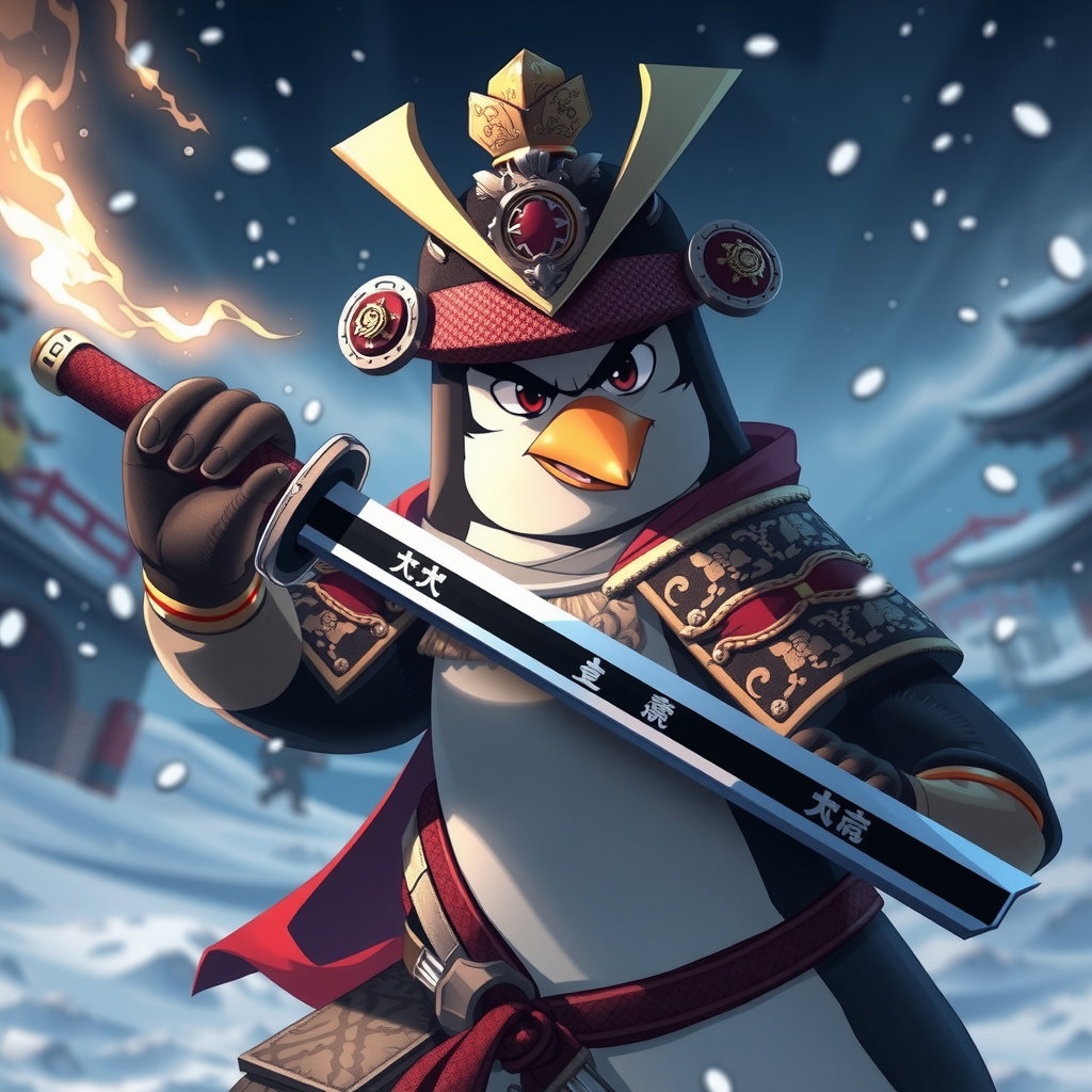 male penguin samurai nodachi snowy battlefield dynamic