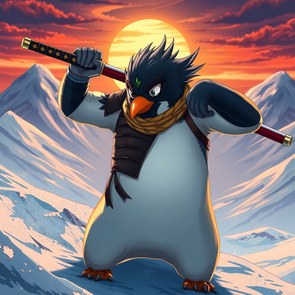 male penguin warrior nodachi armor snow mountain sunset