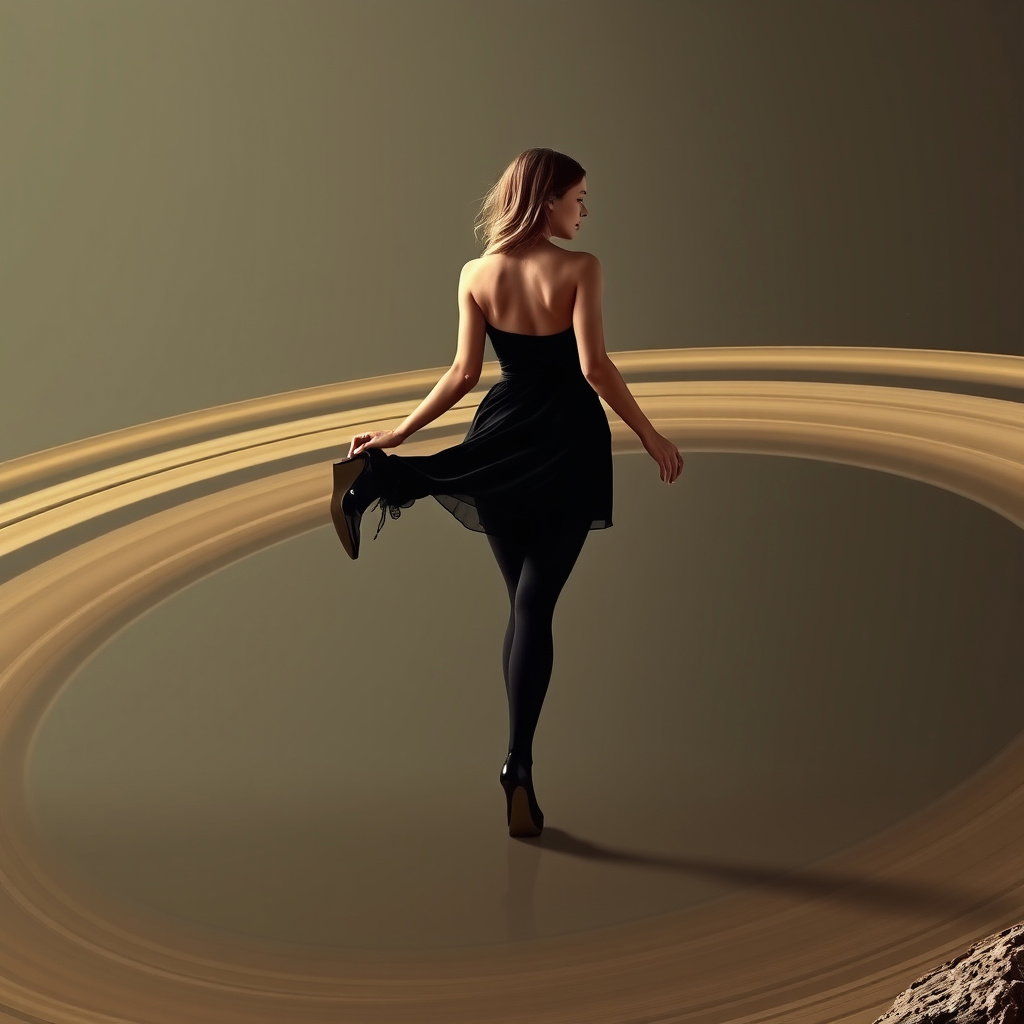 sensual woman walking saturn rings black dress