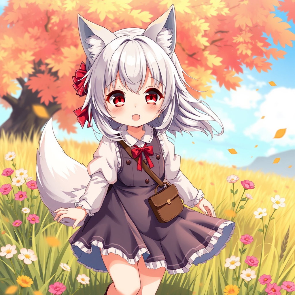 cute wolf girl dancing meadow autumn anime