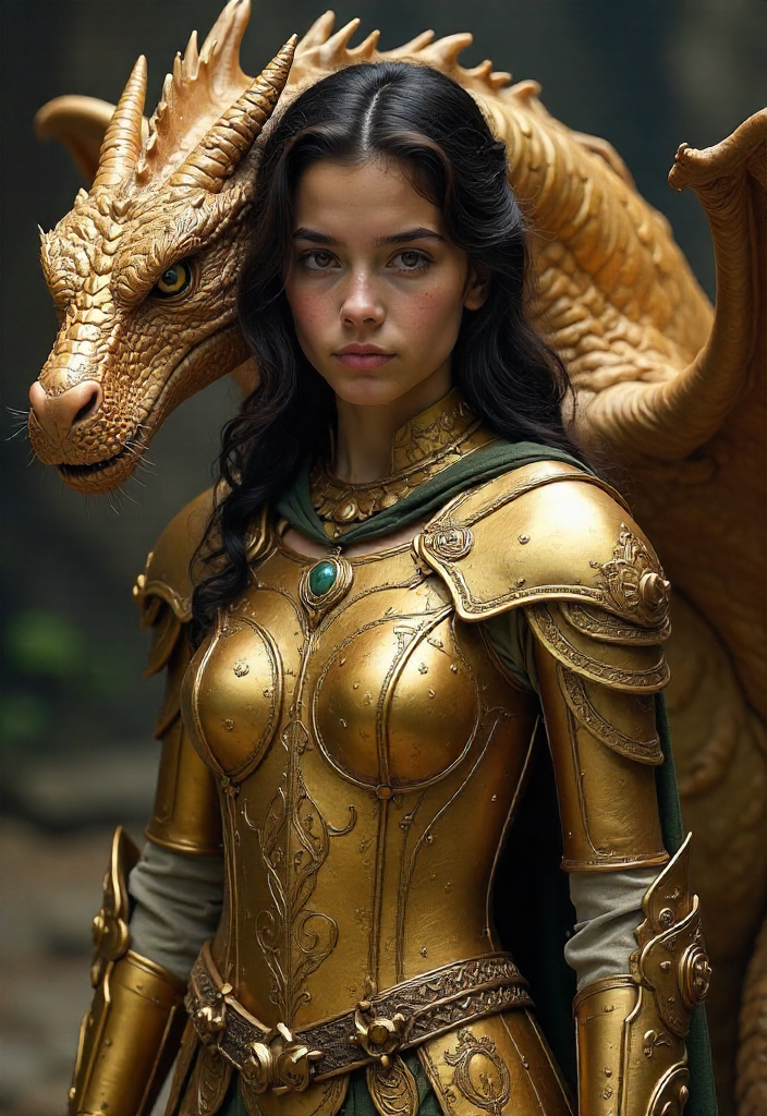 brown european teenager golden armor dragon