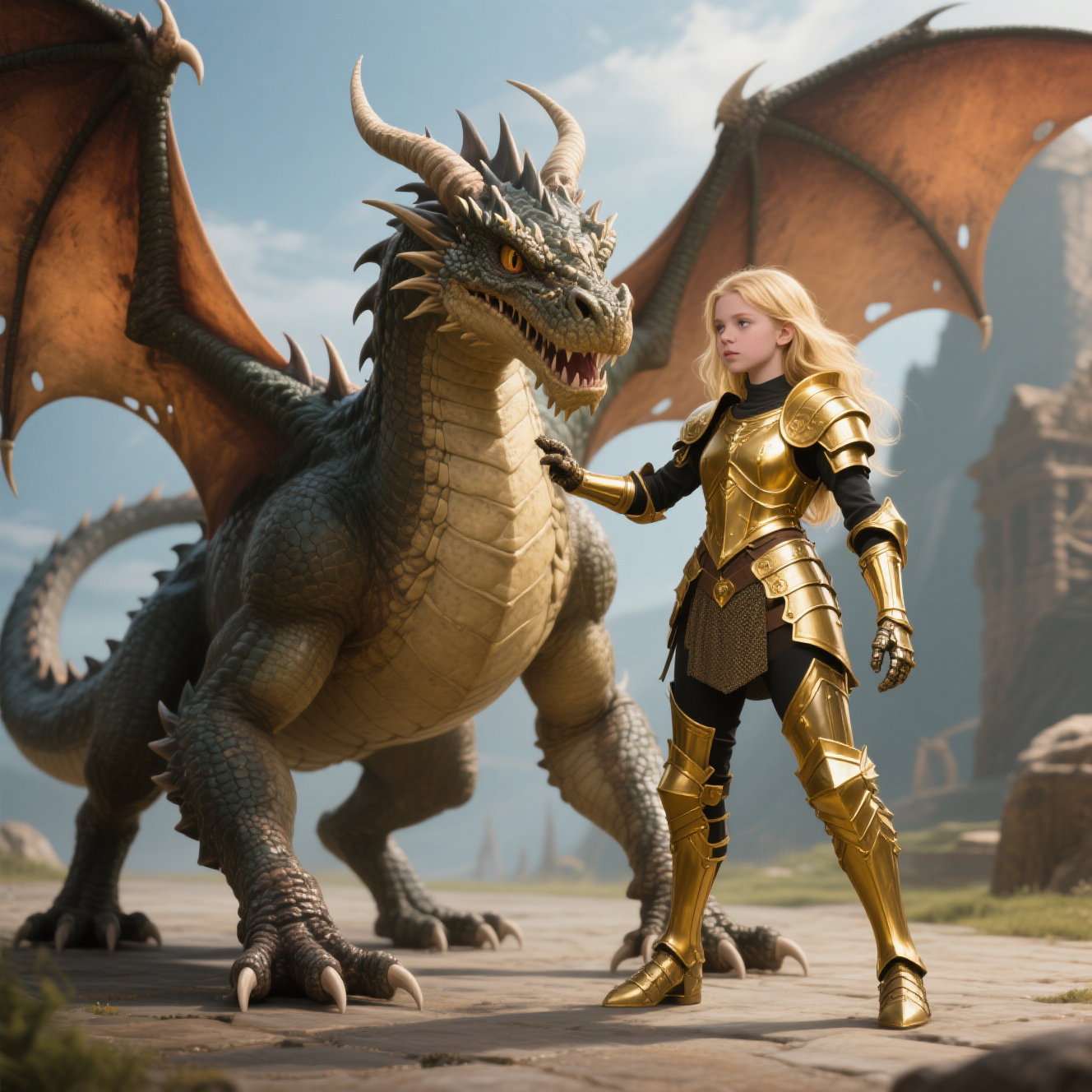 human sized dragon controls blonde teen in armor