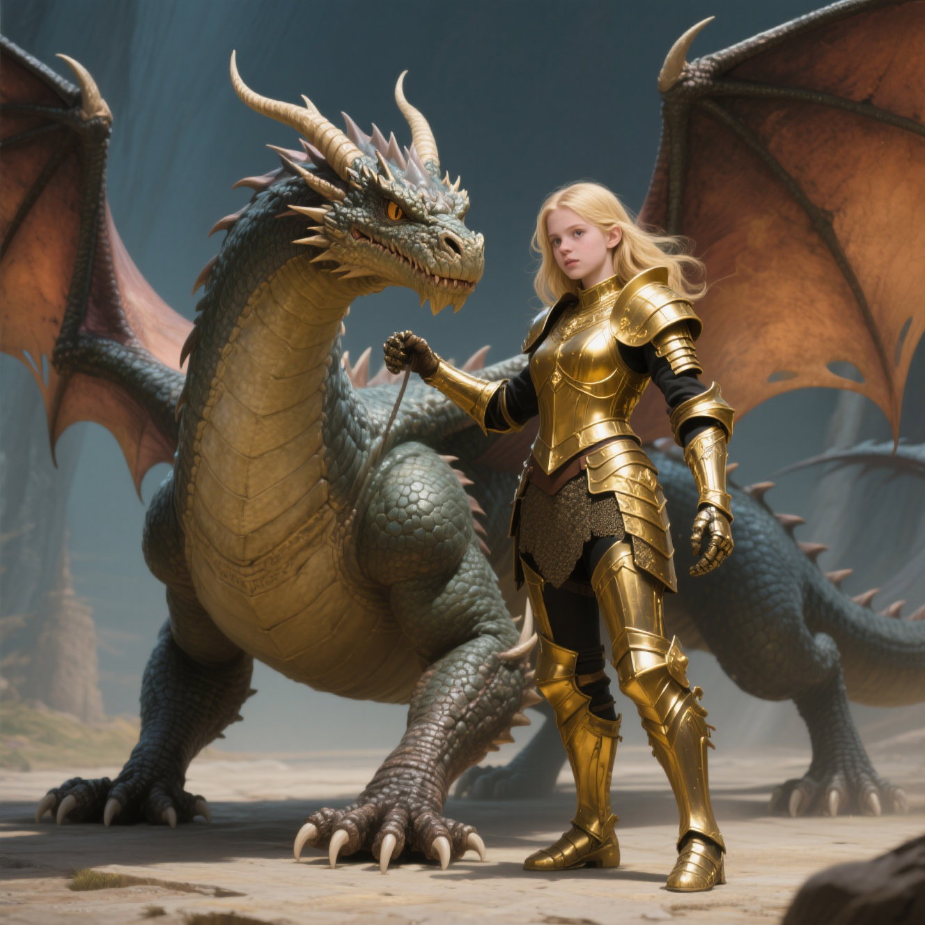 human sized dragon controls blonde teen in armor