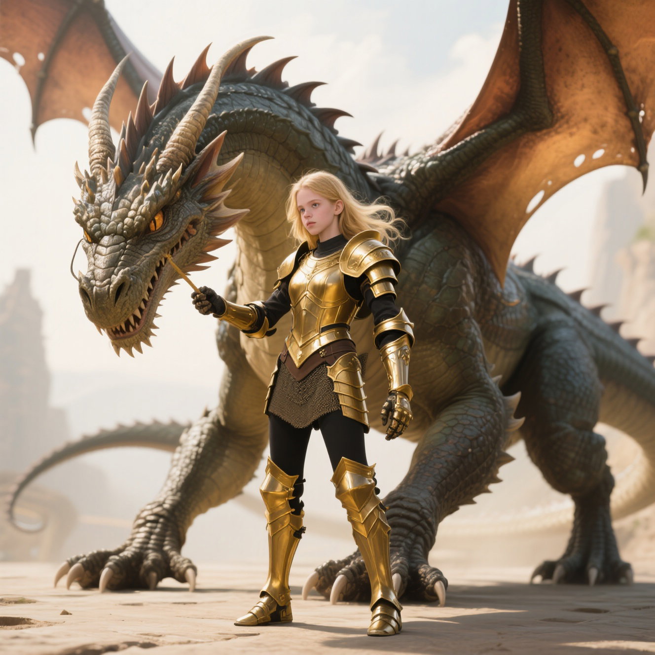 human sized dragon controls blonde teen in armor