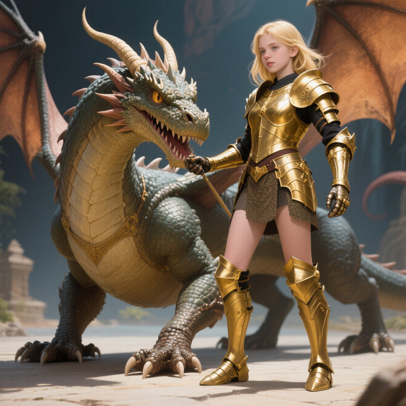 human sized dragon controls blonde teen in armor