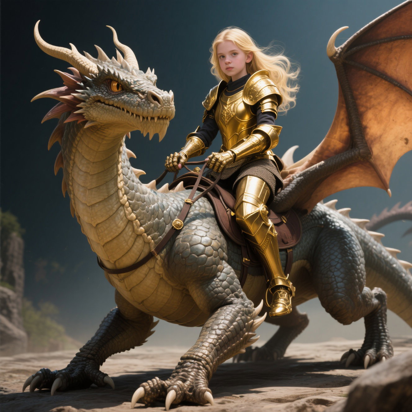 blonde teen gold armor rides human sized dragon