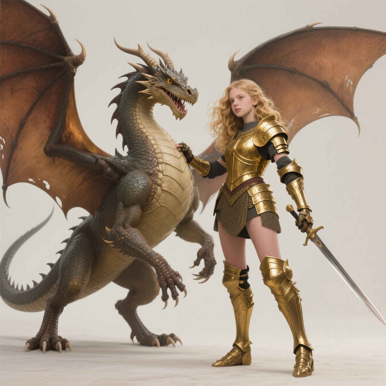 dragon controls blonde armored girl with sword