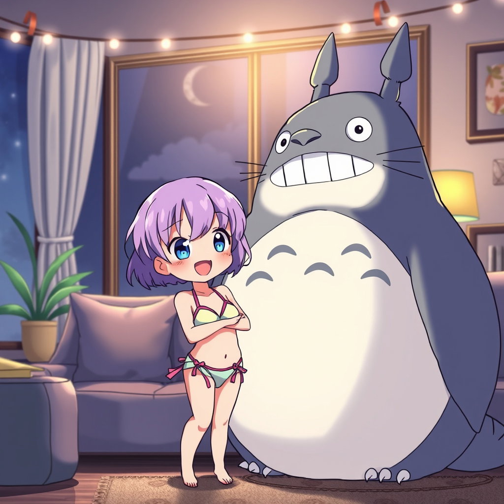 girl with purple hair and totoro in living room