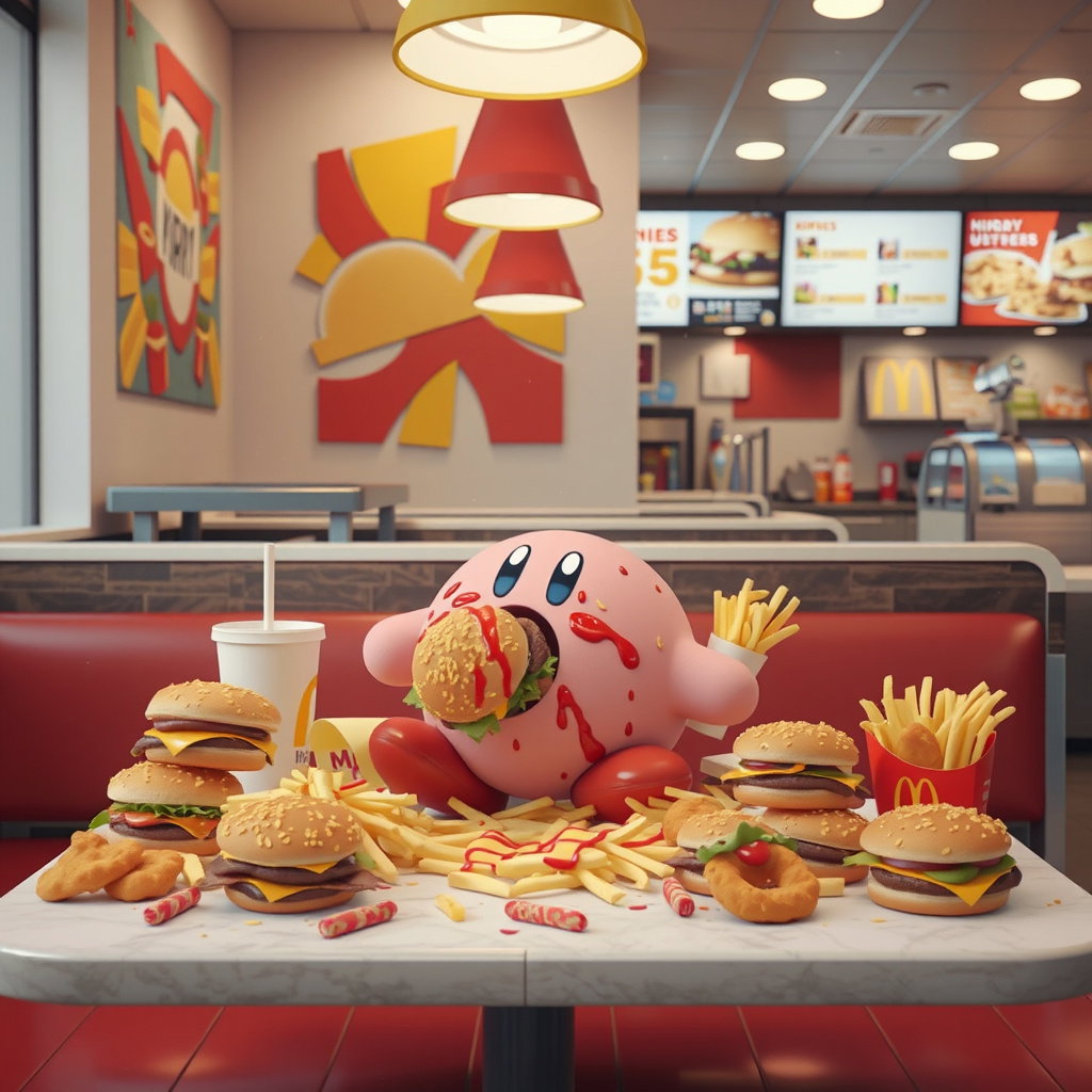 kirby eating burgers fries nuggets mcdonalds
