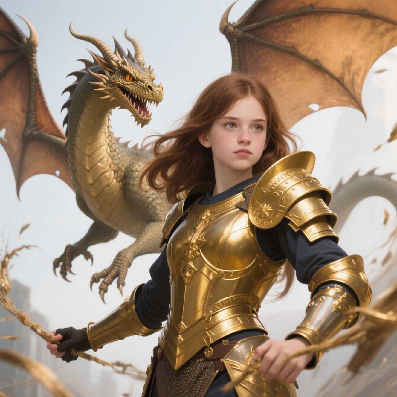 brown european teen girl gold armor dragon