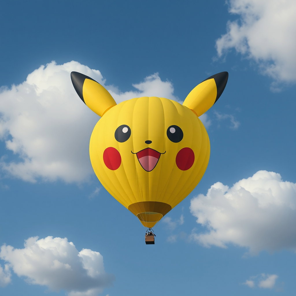 gigantic pikachu hot air balloon glowing yellow vibrant sky