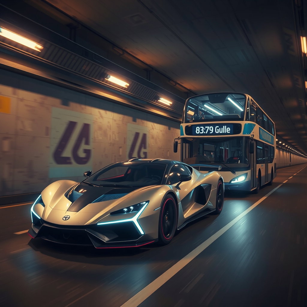 hyperrealistic photography sleek futuristic hypercar double decker bus
