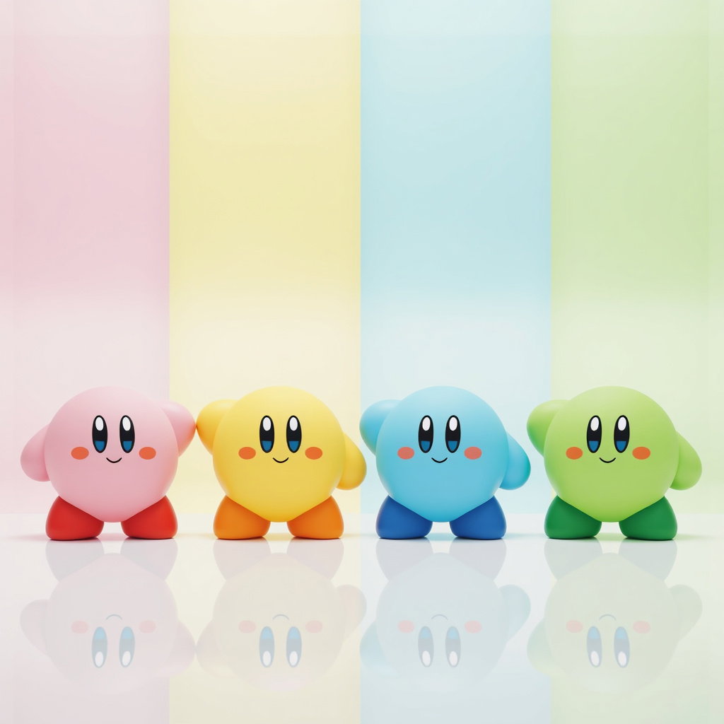 pink yellow cyan lime green kirby spheres row