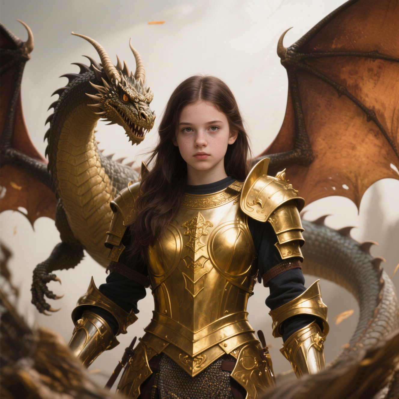european teen girl gold armor dragon control