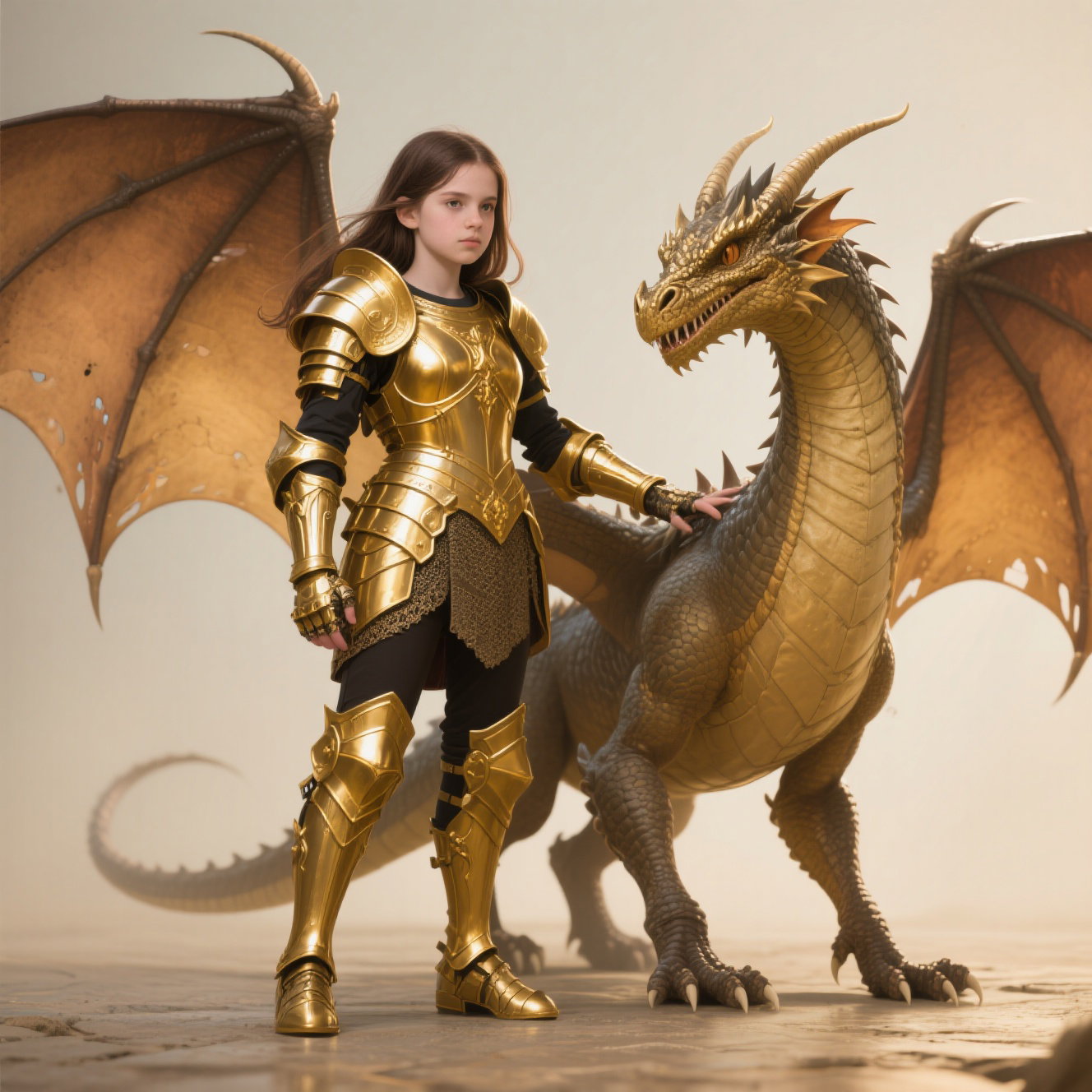 european teen girl gold armor dragon controlled