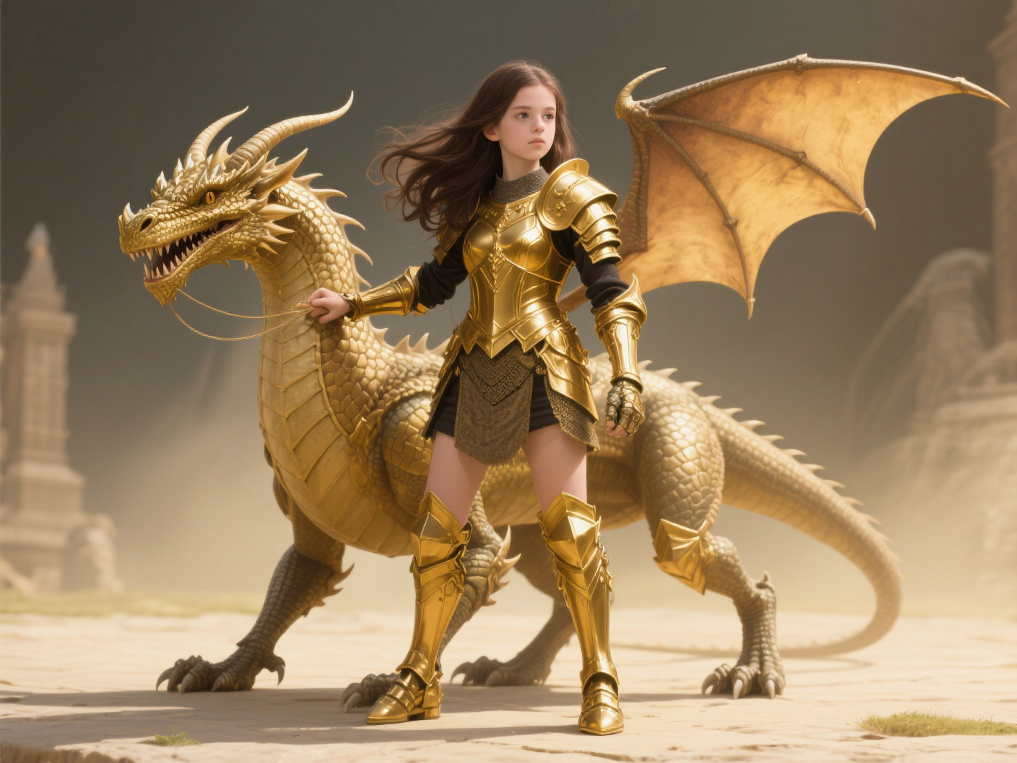 european teen girl gold armor dragon controlled