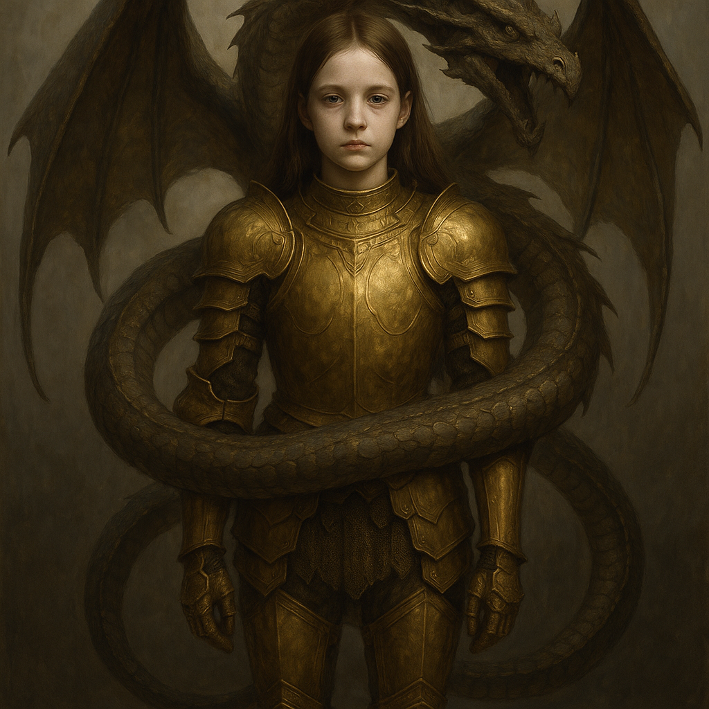 teenage girl gold armor controlled dragon