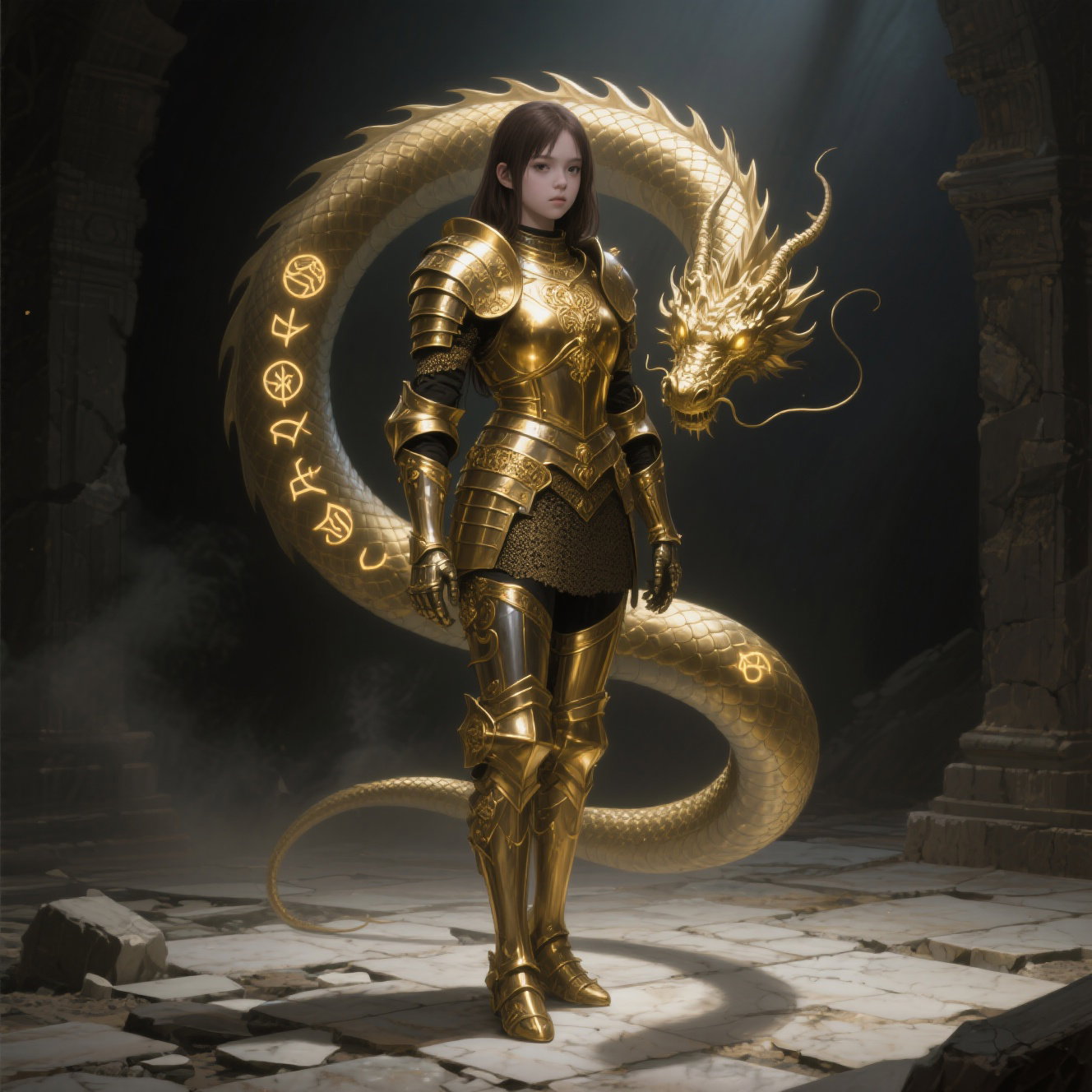gold armor girl dragon runes shadows haze
