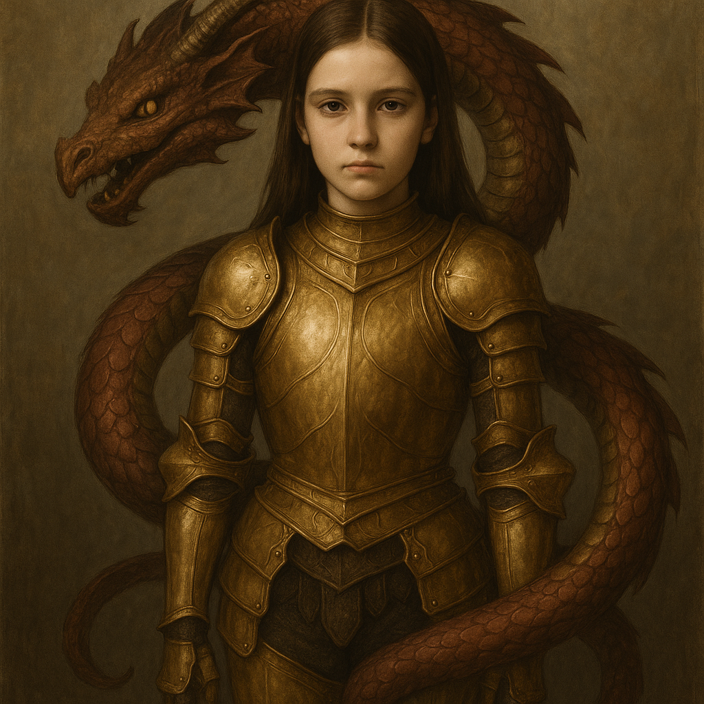 brown european teen girl gold armor dragon